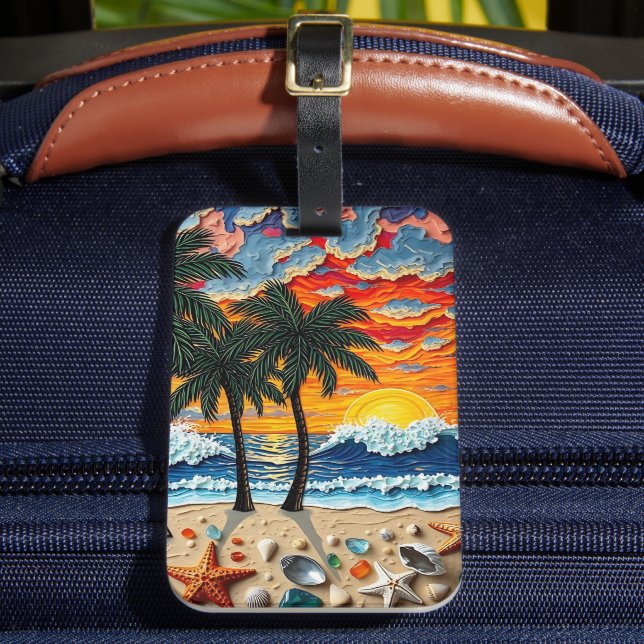 Étiquette À Bagage Belle scène de plage avec des palmiers   (Insitu Rectoal 2)