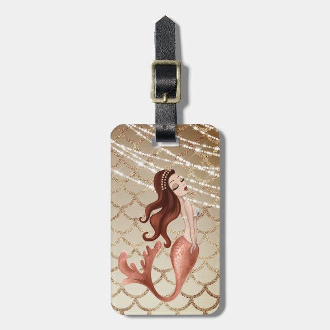 Étiquette À Bagage Belle sirène en or Rose et coquillages (Devant Vertical)