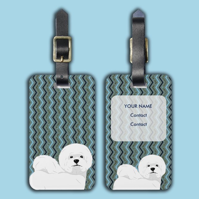 Étiquette À Bagage Bichon Frise personnalisé - Sage Blue Navy Chevron (Bichon Frise Personalized Luggage Tag)