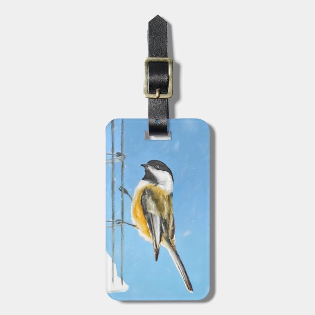 Étiquette À Bagage Bickadee sur la peinture d'alimentation - Oiseaux  (Devant Vertical)