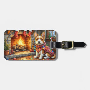 Étiquette À Bagage Biewer Terrier Cheminée avec Lumières de Noël