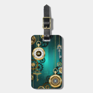 Étiquette À Bagage Bijou Montre Steampunk sur un Fond Vert