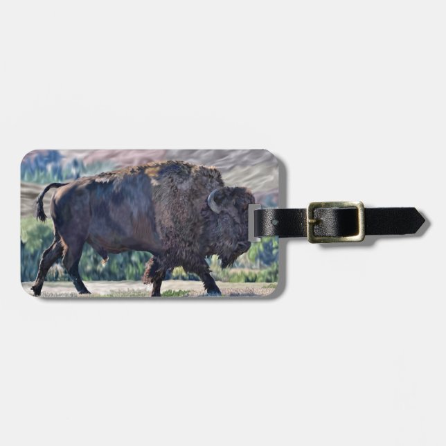 Étiquette À Bagage Bison d'Amérique errant dans un cadre de prairie (Devant horizontal)
