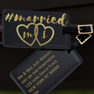 Étiquette À Bagage Black and Gold Modern Married Luggage Tags