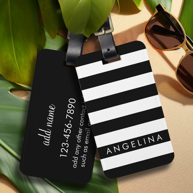Étiquette À Bagage Black and White Striped (Personalized luggage tag with retro stripe pattern and monogram - add contact information on back)