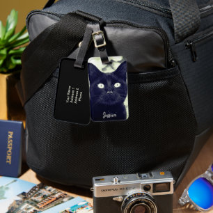 Étiquette À Bagage Black Cat Cute Animal Photo Nom Personnalisé