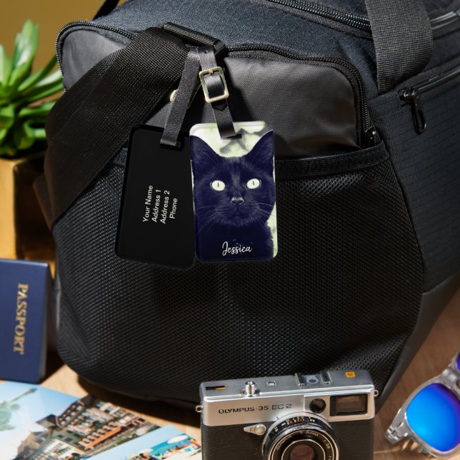 Étiquette À Bagage Black Cat Cute Animal Photo Nom Personnalisé (Recto & Verso)