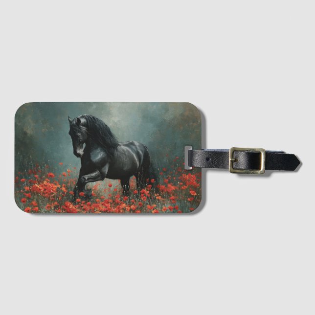 Étiquette À Bagage Black Friesian Stallion Red Poppies (Devant Horizontal)