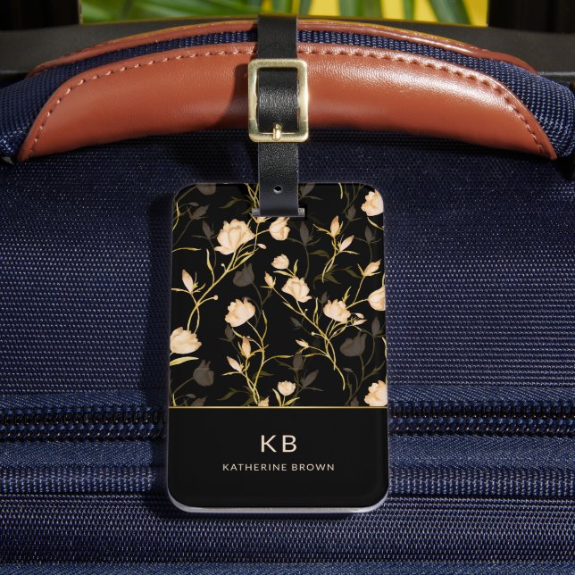 Étiquette À Bagage Black Gold Floral Pattern Trendy Stylish (Insitu Rectoal 2)