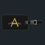 Étiquette À Bagage Black Gold Girl Script Monogramme Nom Moderne<br><div class="desc">Noir et or Monogramme Ajouter votre propre nom Script Bagage Bag Le tag sac fait le cadeau parfait pour 16 ans,  mariage,  douche nuptiale,  baby shower ou une fête de bachelorette pour quelqu'un décorant sa chambre dans le style.</div>