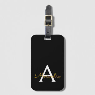 Étiquette À Bagage Black Gold Girl Script Monogramme Nom Moderne