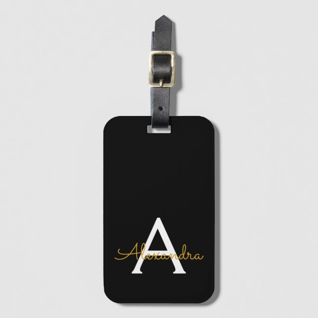 Étiquette À Bagage Black Gold Girl Script Monogramme Nom Moderne (Devant Vertical)