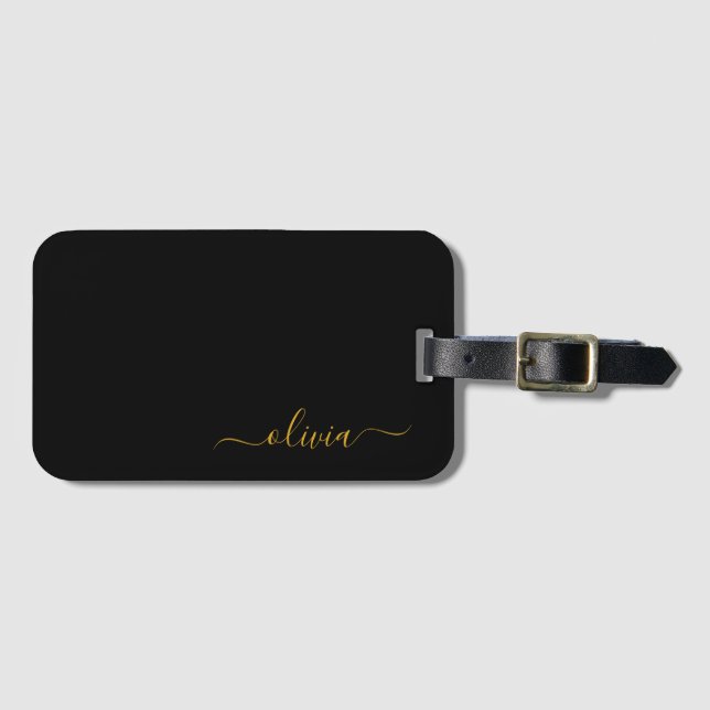 Étiquette À Bagage Black Gold Girl Script Monogramme Nom Moderne (Devant Horizontal)