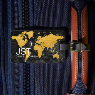 Étiquette À Bagage Black Luggage Tag with Gold World Map