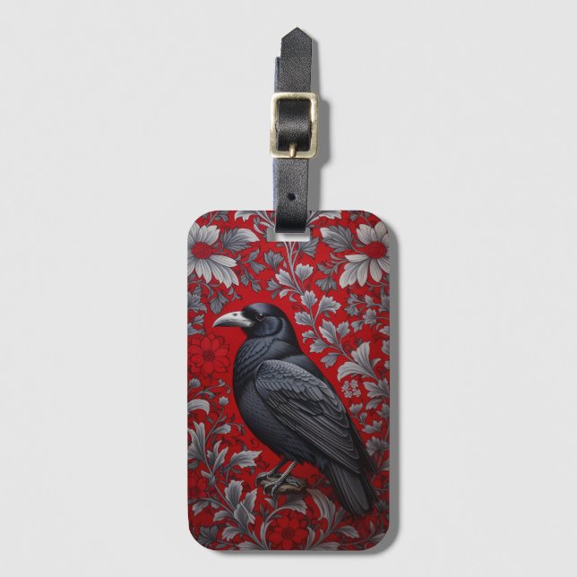 Étiquette À Bagage Black Raven Red Floral William Morris Inspired (Devant Vertical)