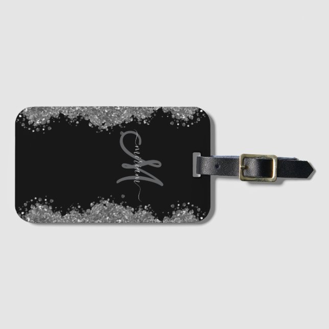 Étiquette À Bagage Black Silver Faux Glitter Grey Modern Monogram (Devant Horizontal)