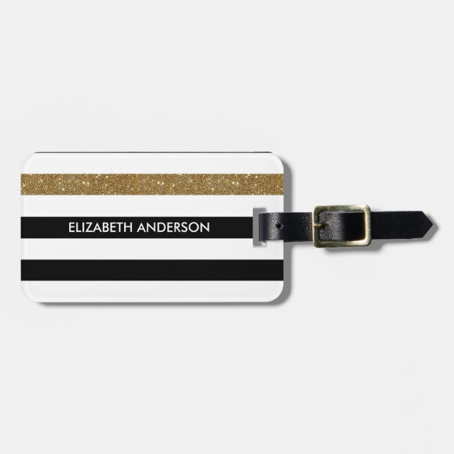 Étiquette À Bagage Black Stripes FAUX Gold Glitz et Nom (Devant horizontal)