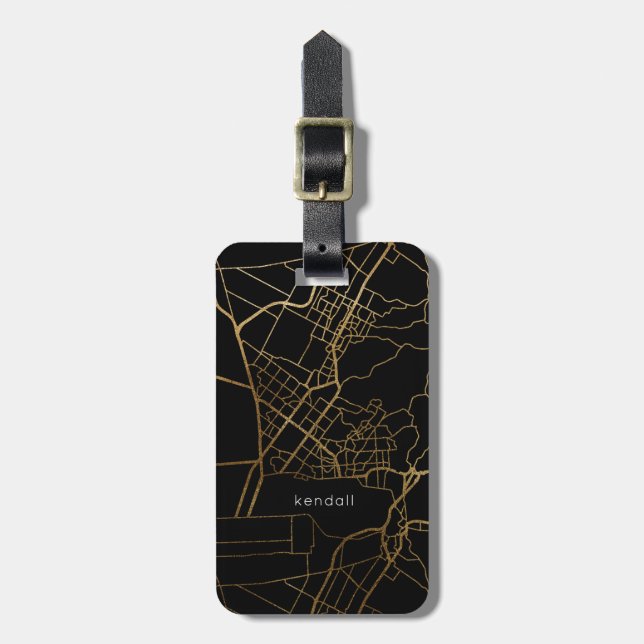 Étiquette À Bagage Black with Gold Look Map Ajouter un nom (Devant Vertical)