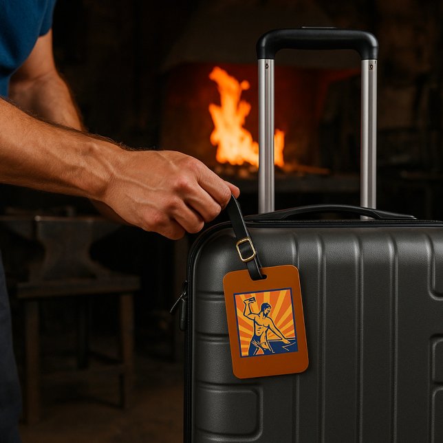 Étiquette À Bagage Blacksmith Hammering Retro Strongman Labor (Créateur téléchargé)