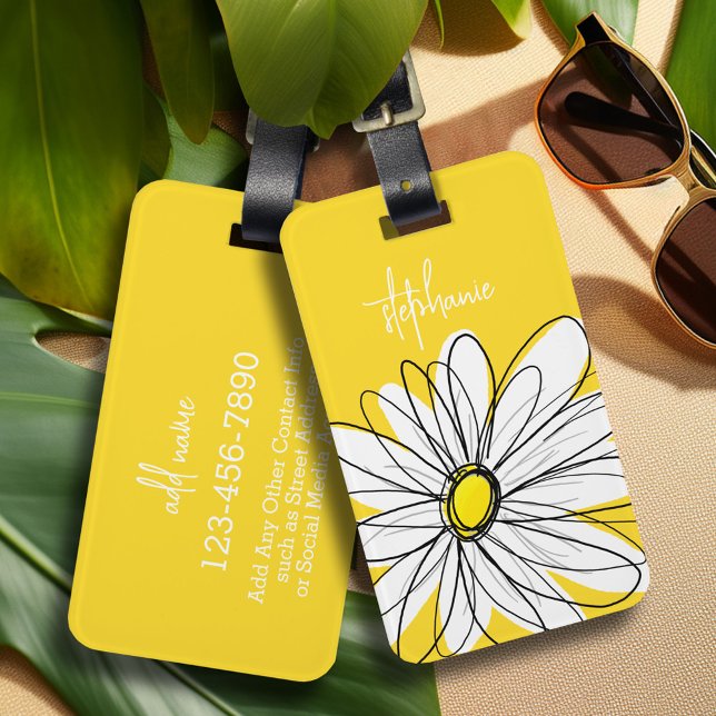 Étiquette À Bagage Blanc et Jaune de marguerite Whimsical Texte perso (Whimsical Daisy personalized luggage tag)