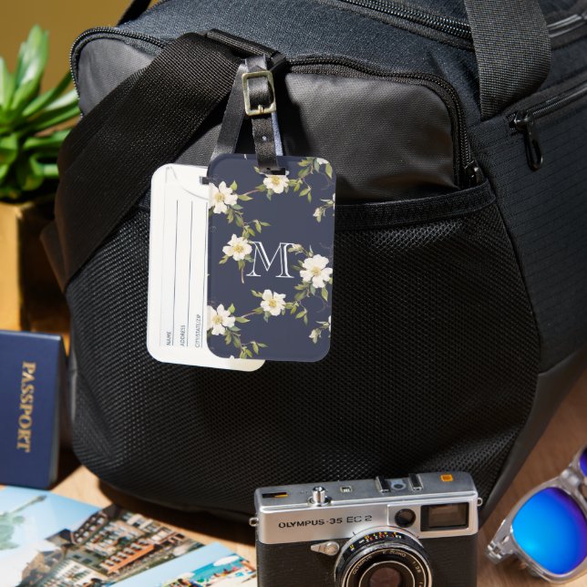Étiquette À Bagage Blanc Floral Monogramme Bleu Marine (Recto & Verso)