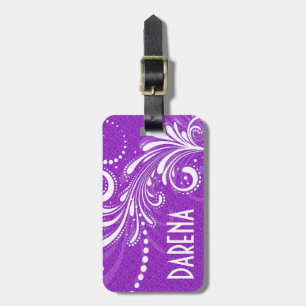 Étiquette À Bagage Blanc Vintage floral brun pourpre Damas Monogramme