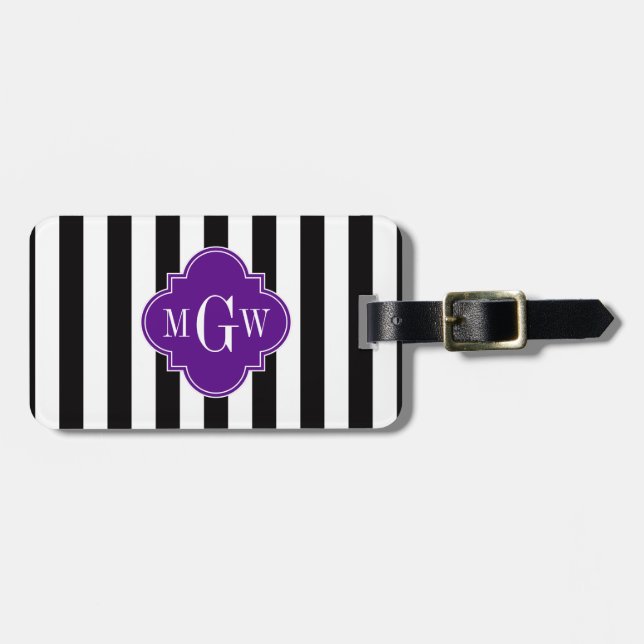 Étiquette À Bagage Blancs noirs pourpre Quatrefoil 3 Monogramme (Devant horizontal)