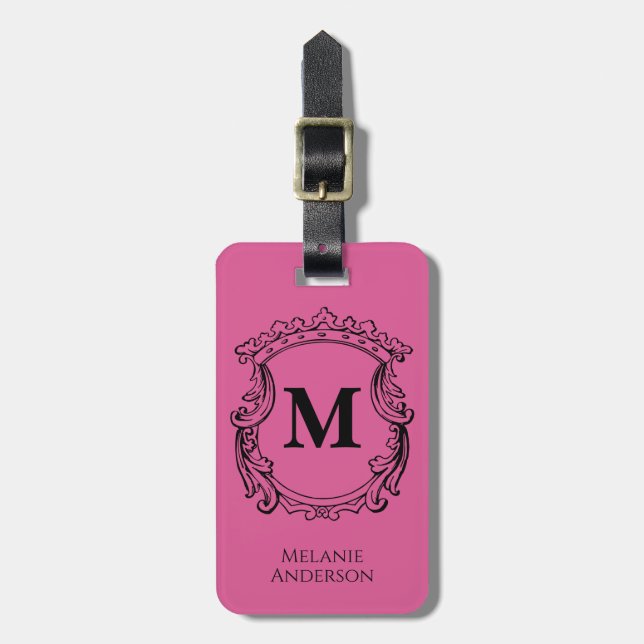 Étiquette À Bagage Blason de monogramme rose élégant  (Devant Vertical)