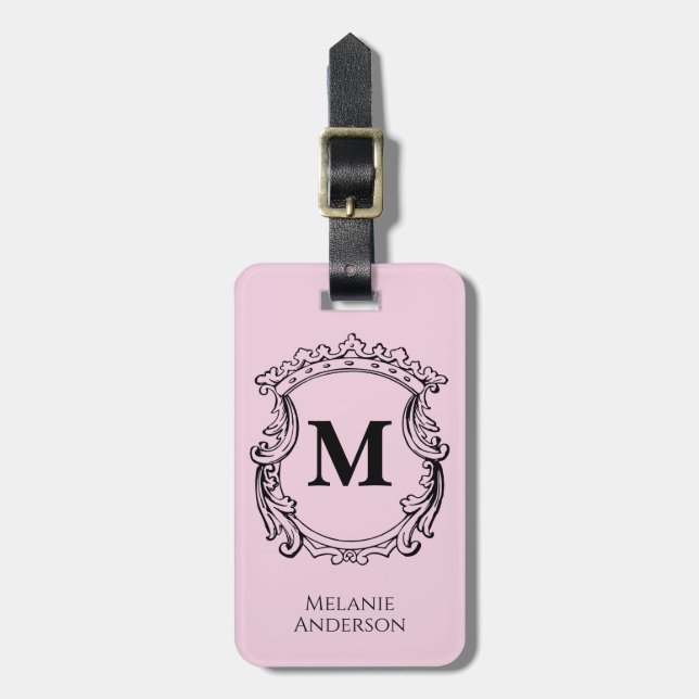 Étiquette À Bagage Blason de monogramme rose élégant  (Devant Vertical)