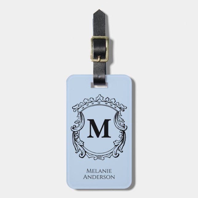 Étiquette À Bagage Blason Monogramme Bleu Élégant  (Devant Vertical)