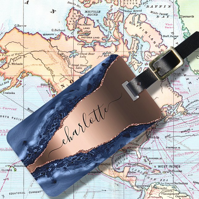 Étiquette À Bagage Bleu agate marbre rose or nom script (Créateur téléchargé)