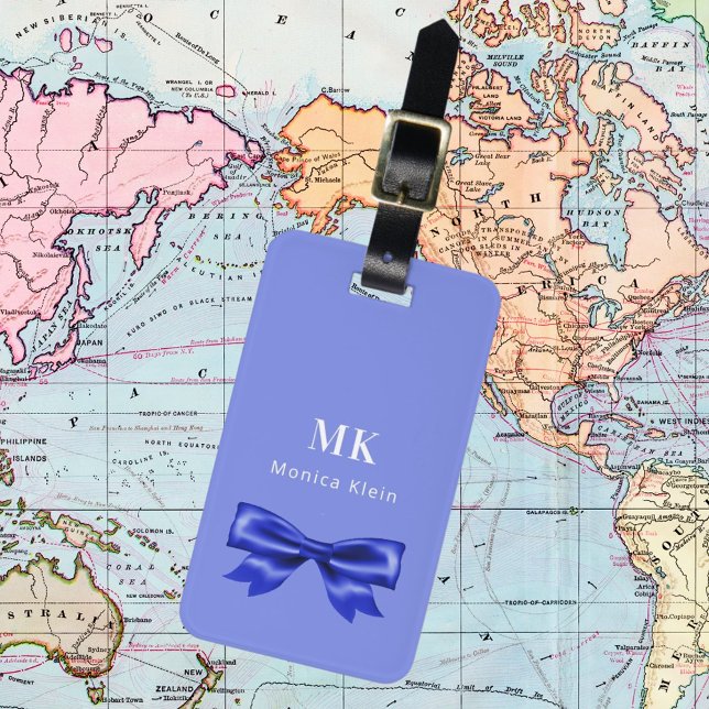 Étiquette À Bagage Bleu blanc arc monogramme initiales élégant (Créateur téléchargé)