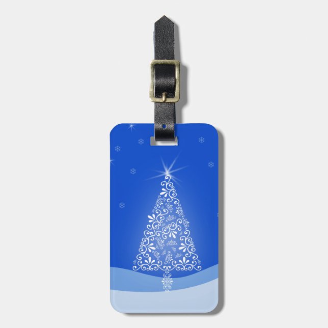 Étiquette À Bagage Bleu Blanc Joyeux Arbre de Noël Étoiles Nuit Lumiè (Devant Vertical)