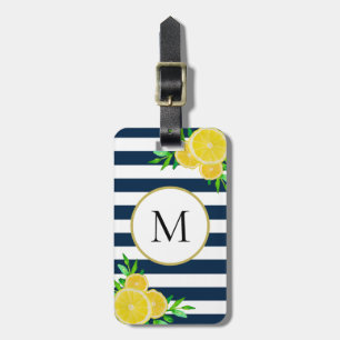 Étiquette À Bagage Bleu Blanc rayures Juicy Aquarelle Citron Monogram