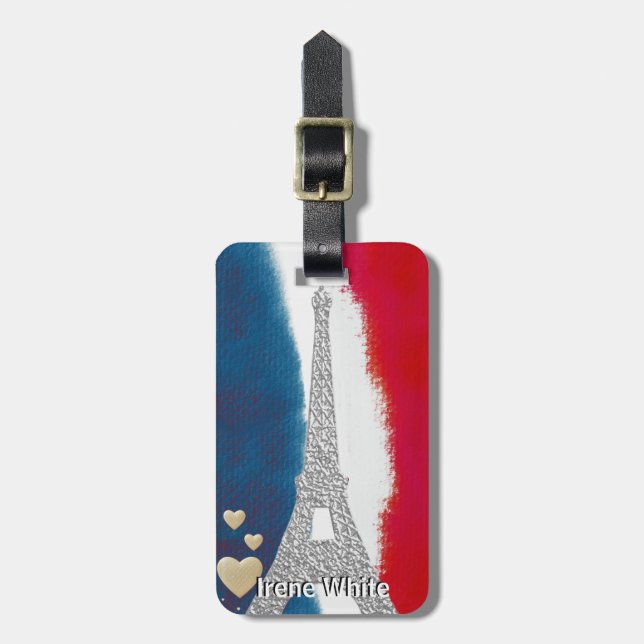 Étiquette À Bagage Bleu blanc rouge fait sur commande de Paris France (Devant Vertical)