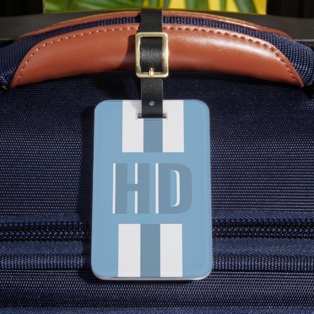 Étiquette À Bagage Bleu clair doux rayé monogramme ombre moderne  (Insitu Rectoal 2)
