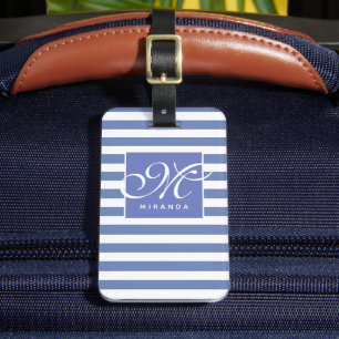 Étiquette À Bagage Bleu classique et blanc rayé - Monogramme de scrip