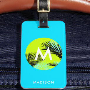 Étiquette À Bagage Bleu d'Aqua lumineux avec palmiers tropicaux Monog