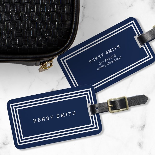 Étiquette À Bagage Bleu de marine classique moderne avec frontières b (Créateur téléchargé)
