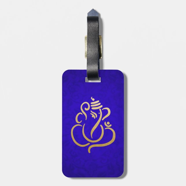 Étiquette À Bagage Bleu Elegant Gold Ganesha Inde Damask (Dos Vertical)
