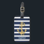 Étiquette À Bagage Bleu et Ancre Gold Nautique<br><div class="desc">Blue Stripes & Gold Ancre conception nautique. 
Customisez à votre goût ; c'est un modèle. :)</div>