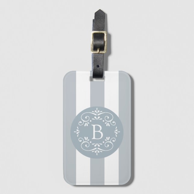 Étiquette À Bagage Bleu français rayures à ailes avec Monogramme (Devant Vertical)