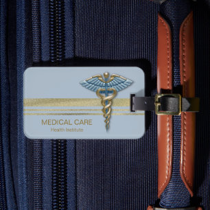 Étiquette À Bagage Bleu Lumière Médicale Caduceus Faux Gold Foil