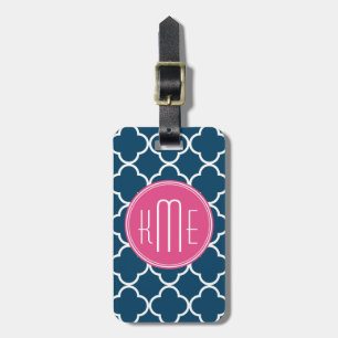 Étiquette À Bagage Bleu marine élégant Quatrefoil avec le monogramme
