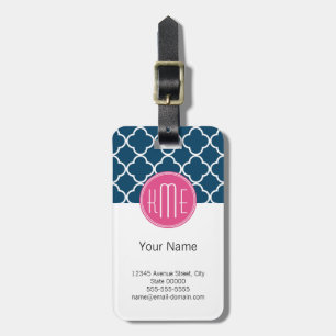 Étiquette À Bagage Bleu marine élégant Quatrefoil avec le monogramme