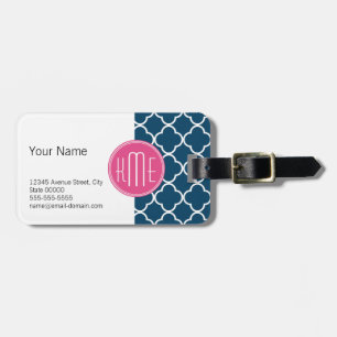 Étiquette À Bagage Bleu marine élégant Quatrefoil avec le monogramme