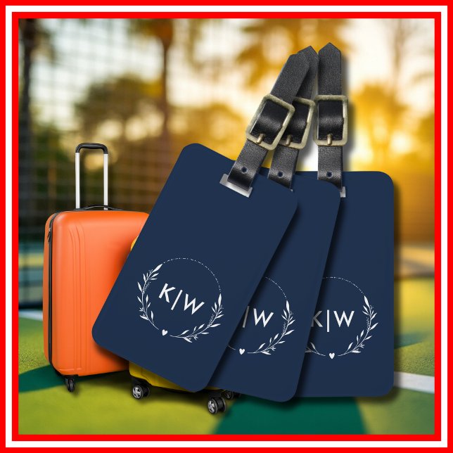 Étiquette À Bagage Bleu marine et blanc | Monogramme initiales modern (Navy Blue and White | Modern Initials Monogram Luggage Tag)