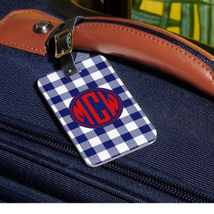 Étiquette À Bagage Bleu marine Monogramme de cercle rouge Fond écossa