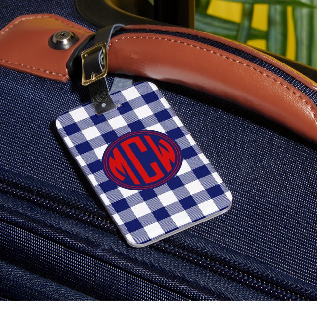 Étiquette À Bagage Bleu marine Monogramme de cercle rouge Fond écossa (Créateur téléchargé)