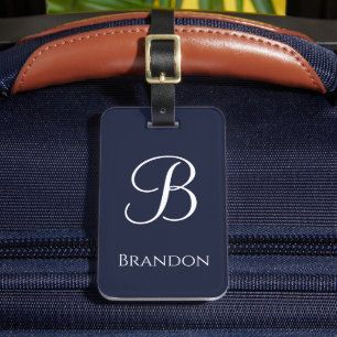 Étiquette À Bagage Bleu Marine Nom et Monogramme Personnalisés